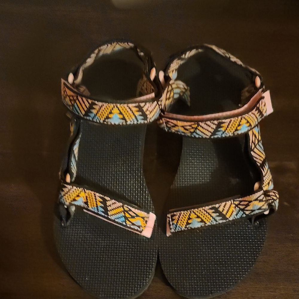 Teva Black Sandals with Yellow & Blue Patterned Straps